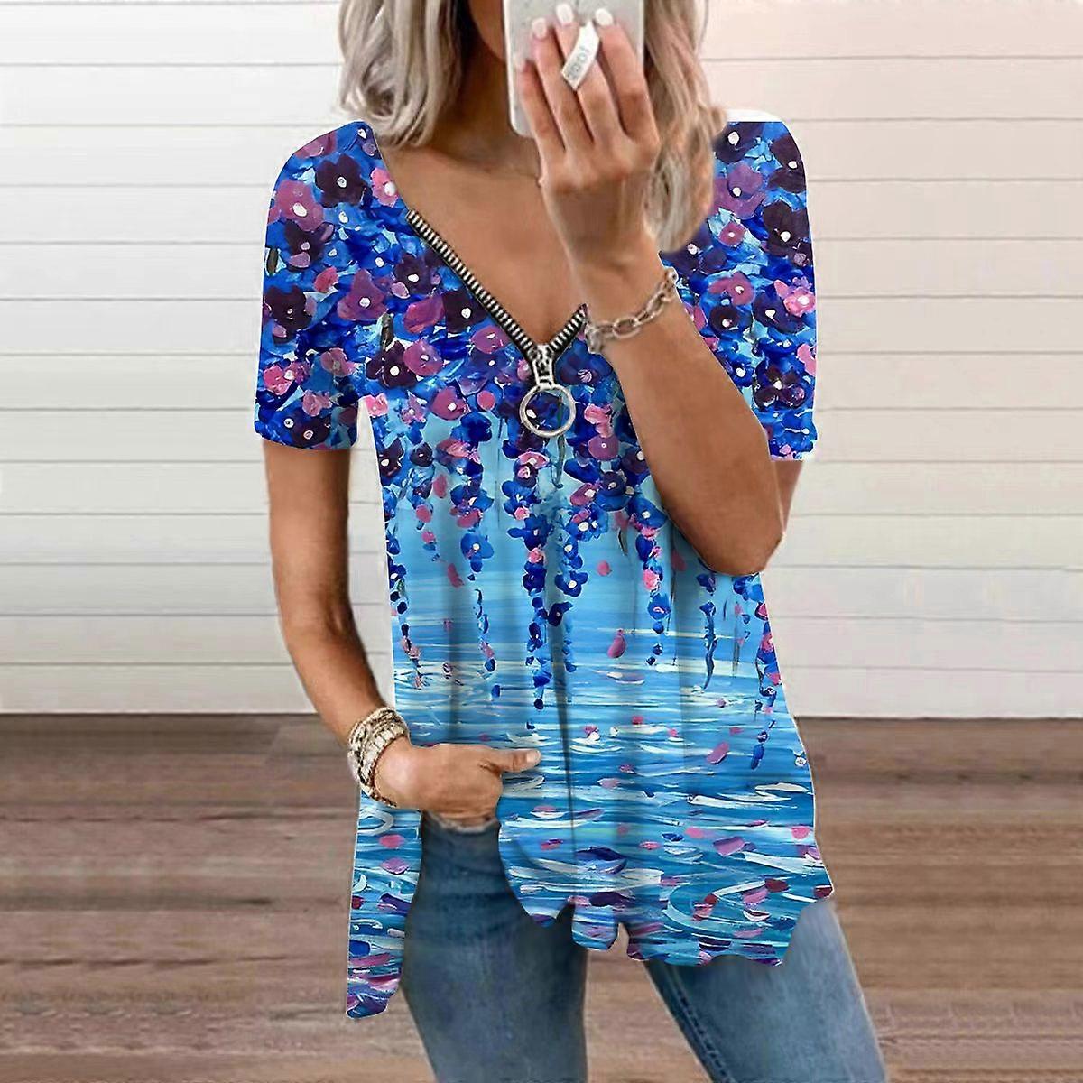 Top pentru femei Vară Modă Nouă Albastru Perlat Trandafir Imprimat Casual Fermoar Decolteu în V Top Manșon scurt