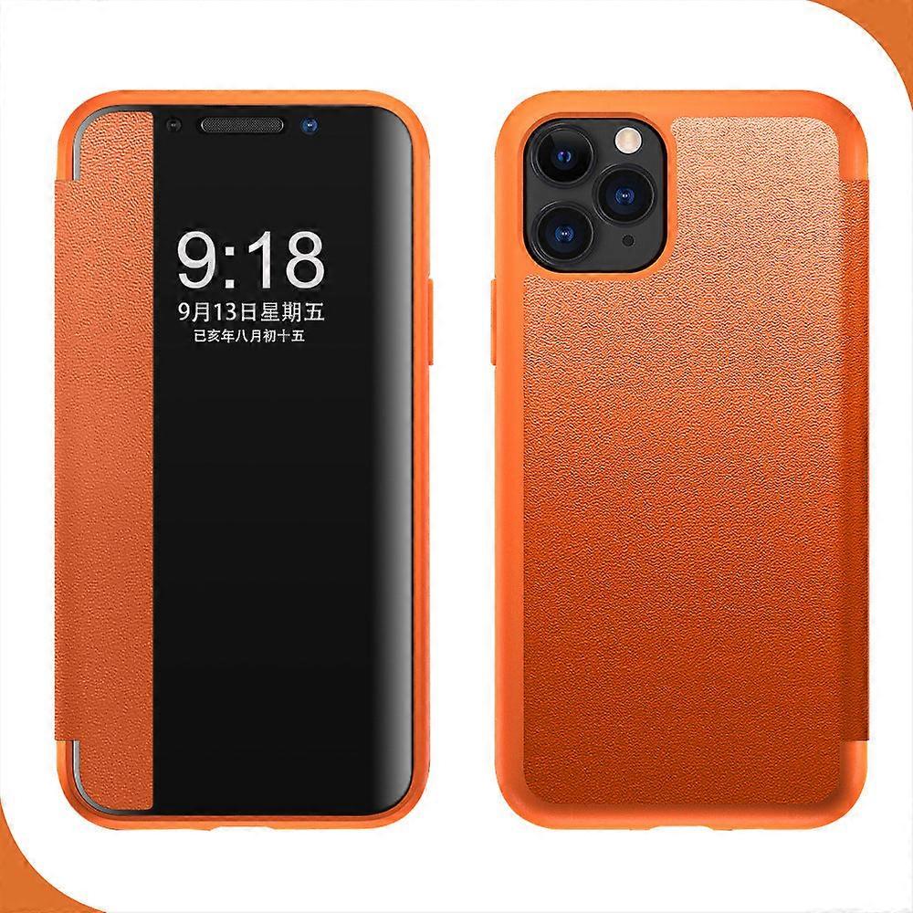 Veske Til Iphone 14 Oransje Vindu Vanlig Lær Flip