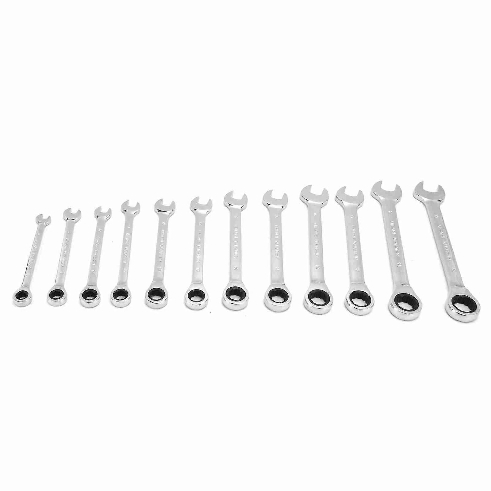 Jeu de 12 clés à cliquet combinées métriques en acier au chrome vanadium de 8 à 19 mm avec sac de rangement et tête fixe