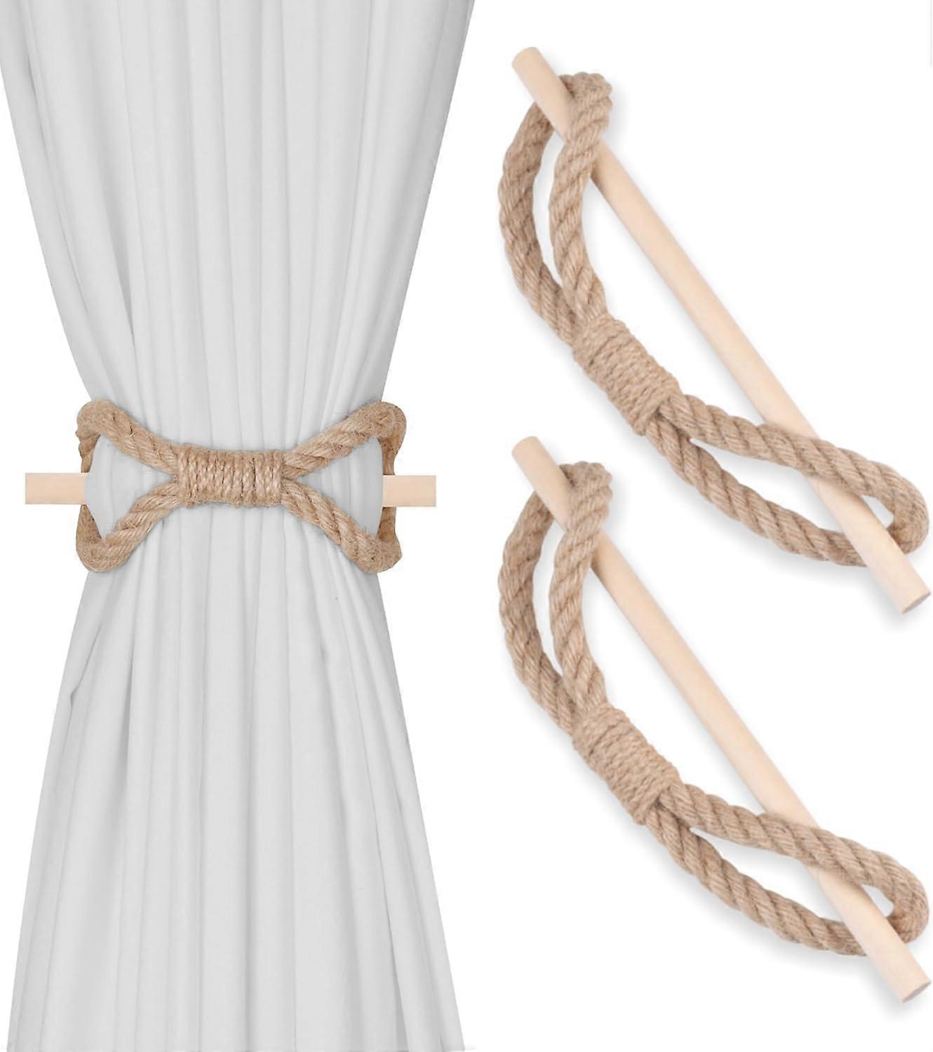 (2 Pieces) Curtain Tie Set Hemp Cord Wooden Curtain Ties