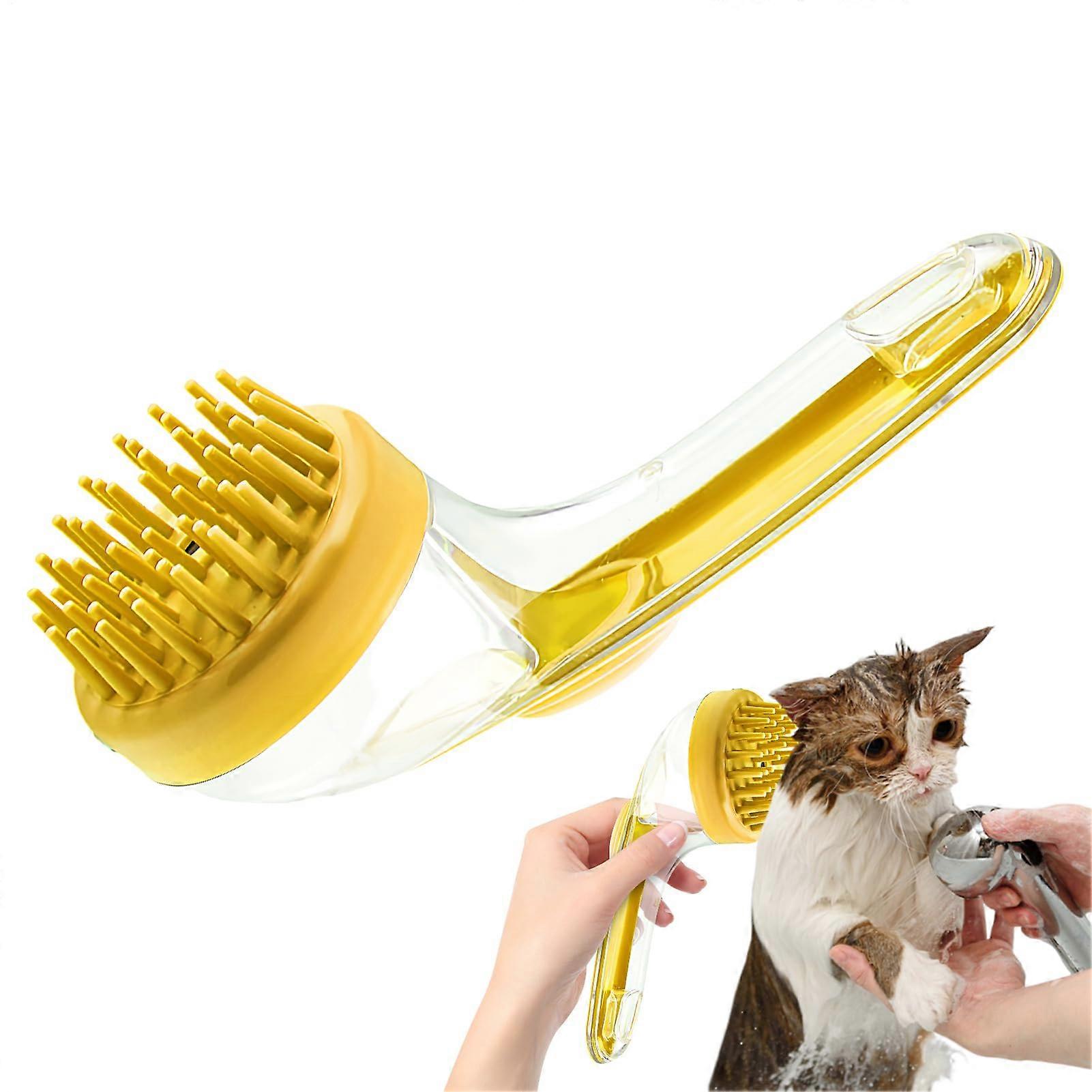 Dog Bath Brush With Long Handle, Soft Silicone Bristles, Cat Grooming Tool For Puppies And Kittens, Yellow