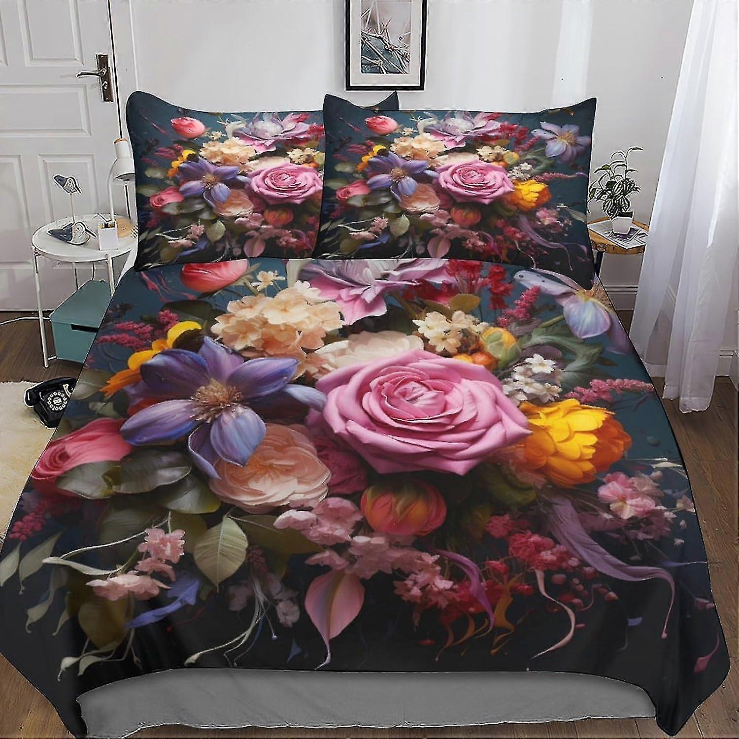 Conjunto de capa de edredom 3D com flores coloridas para crianças e adolescentes, conjunto de cama de 3 peças com design botânico, capa de edredom macia e fronhas