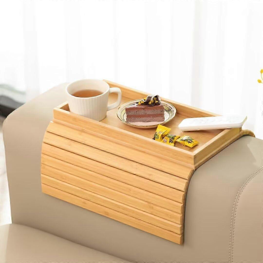 Natural Bamboo Sofa Tray Table - Foldable Anti-Slip Armrest Tray for Couch, Snack Table for Phones, Remotes, Cups