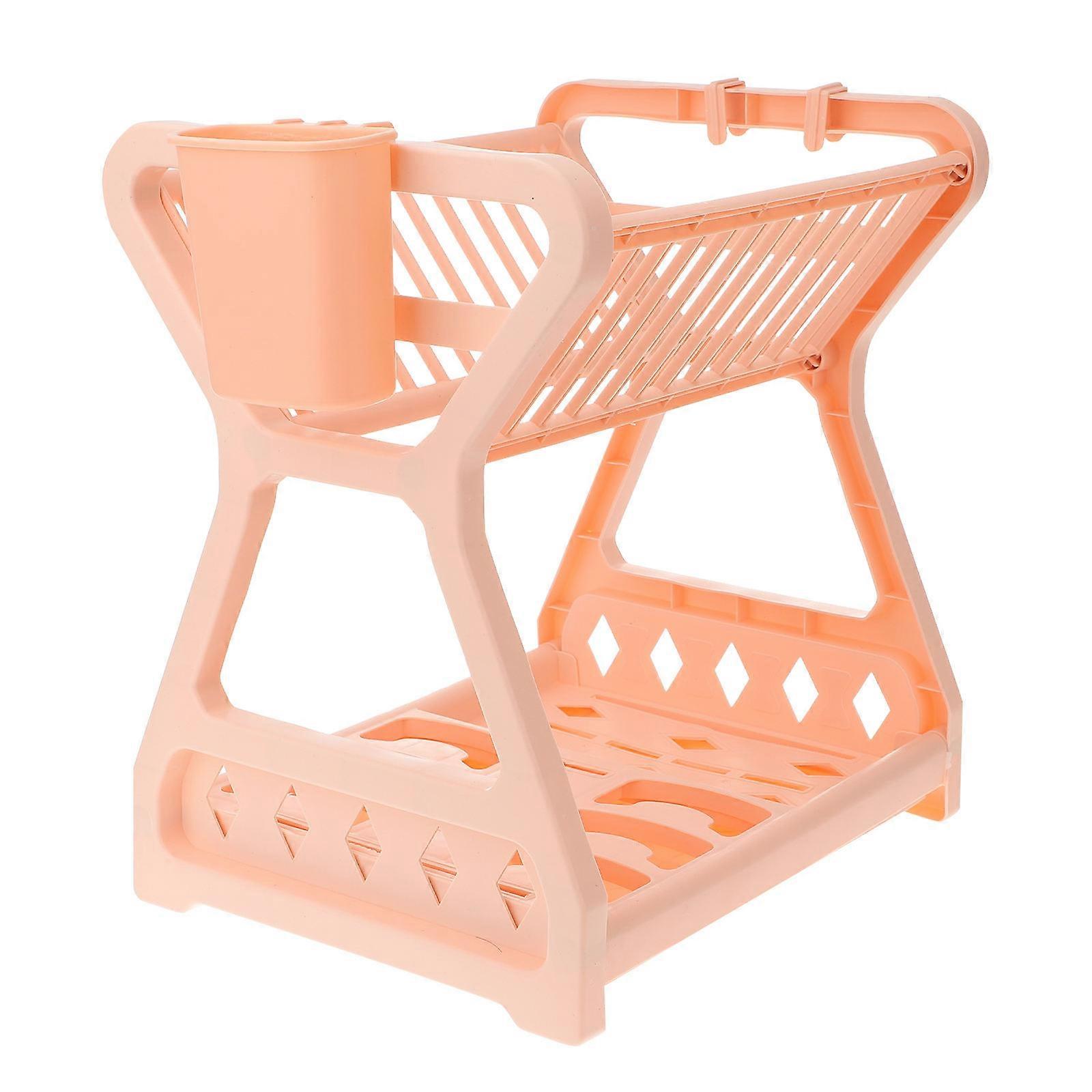 Dish Drying Rack With Utensil Holder, 2 Tier Plastic Drying Rack For Counter, Dish Drainer Organizer Shelf With Utility Hooks (Pale Apricot)