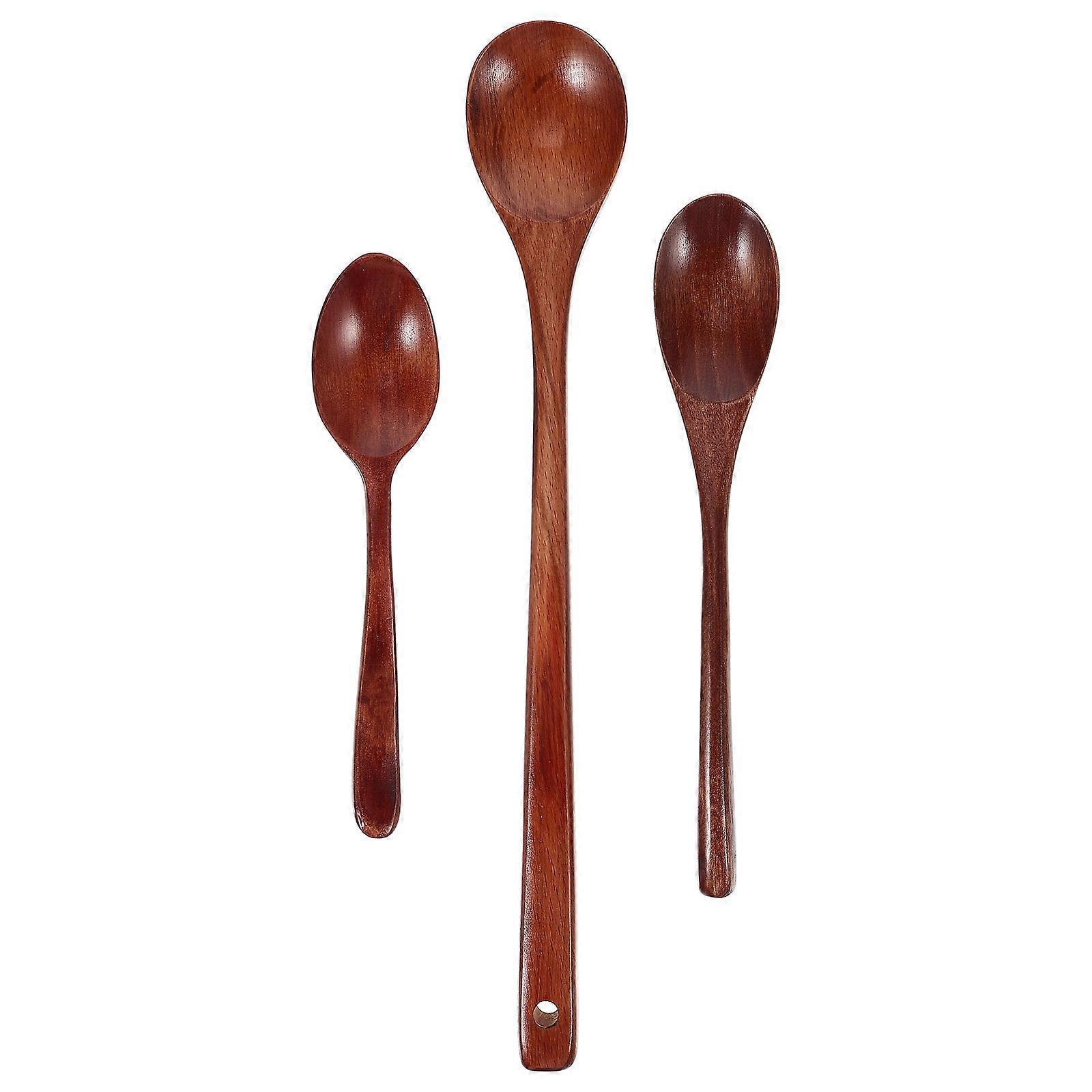 Wooden Soup Spoon Round Handle Simple Design Family Use Stirring 22cm Tasting 3Pcs