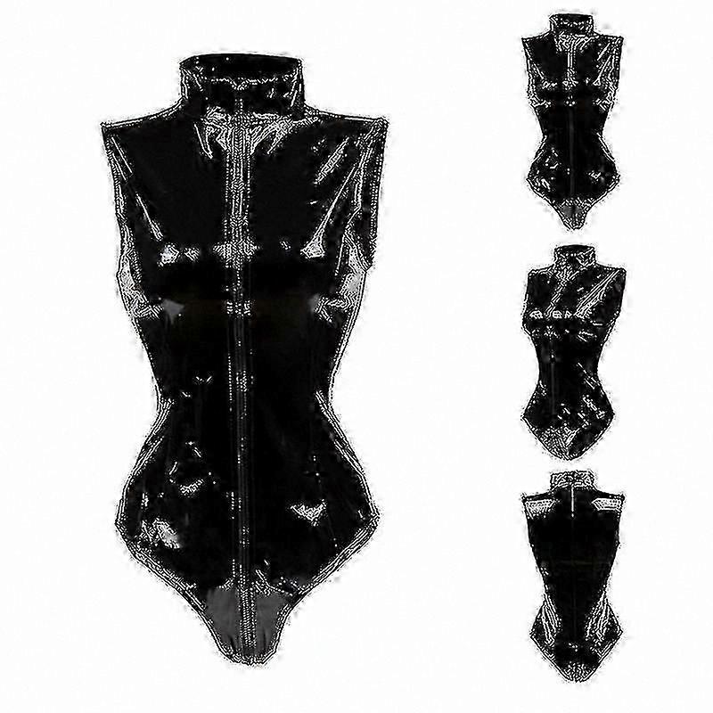 Women's Stylish Wet Look Latex Bodysuit with Front Zip and PVC Design for Night Club Events