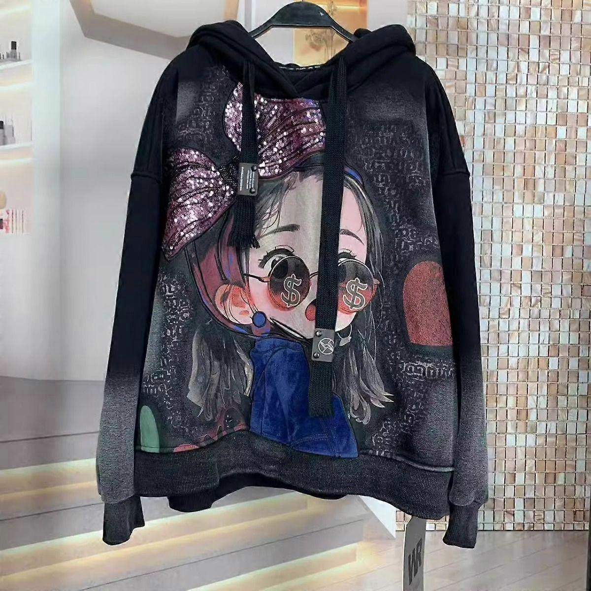 Plus Size Women's Fall Sequin Bow Loose Fleece Hooded Long Sleeved Hoodie
