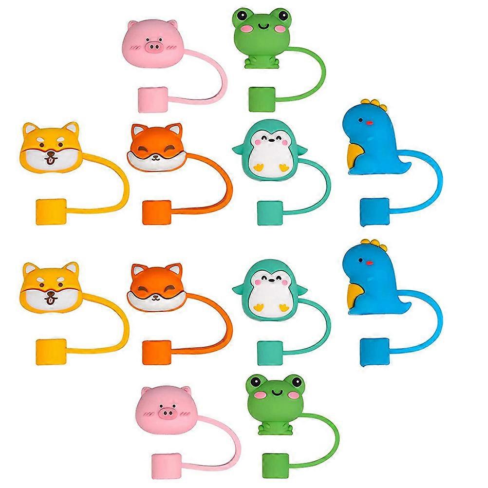 Dust Proof Straw Covers Cartoon Animals Pig Frog Dinosaur Fox Penguin 2.5X2CM Silicone Drink Protection 12Pcs