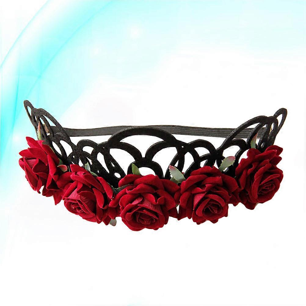 Floral Crown Headband with Red Roses for Decoration and Photo Booth Props Adjustable Fabric Garland