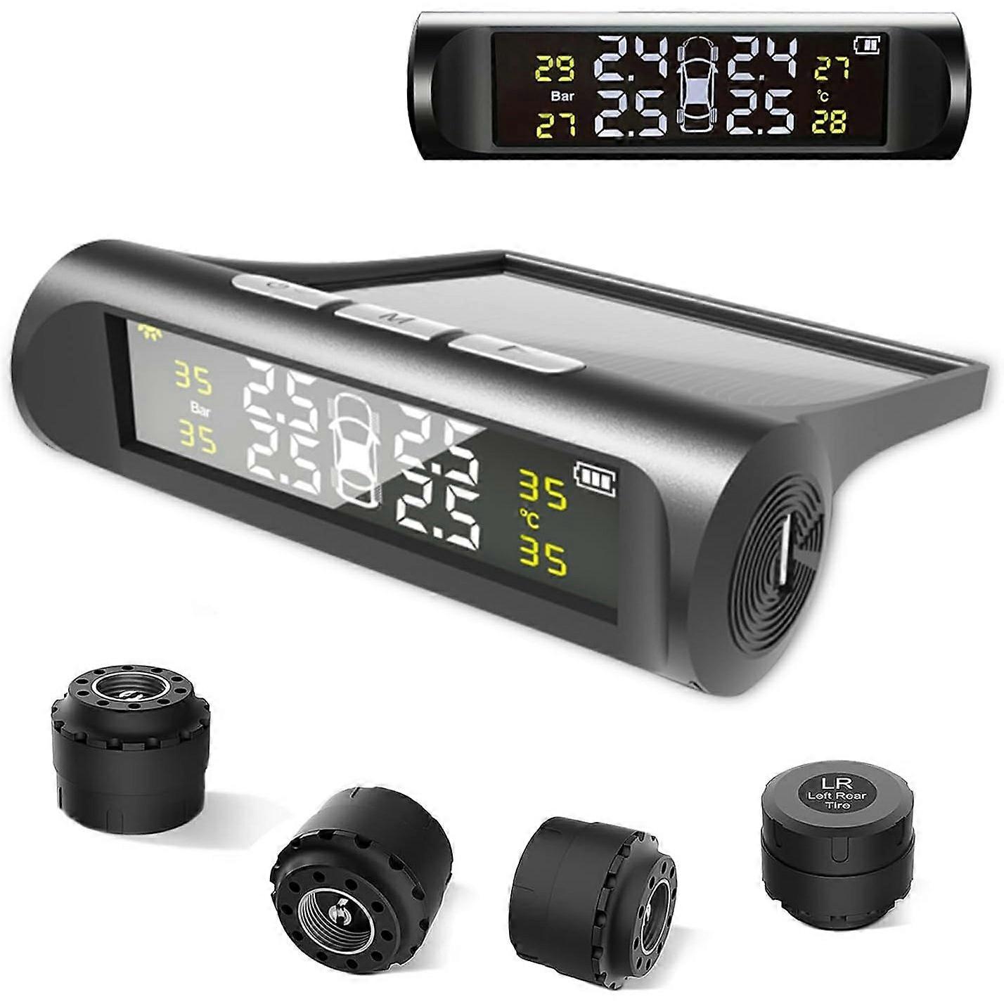TPMS Tire Pressure Monitor System Solar Powered Wireless Car Tyre Sensor High Low Pressure Alert
