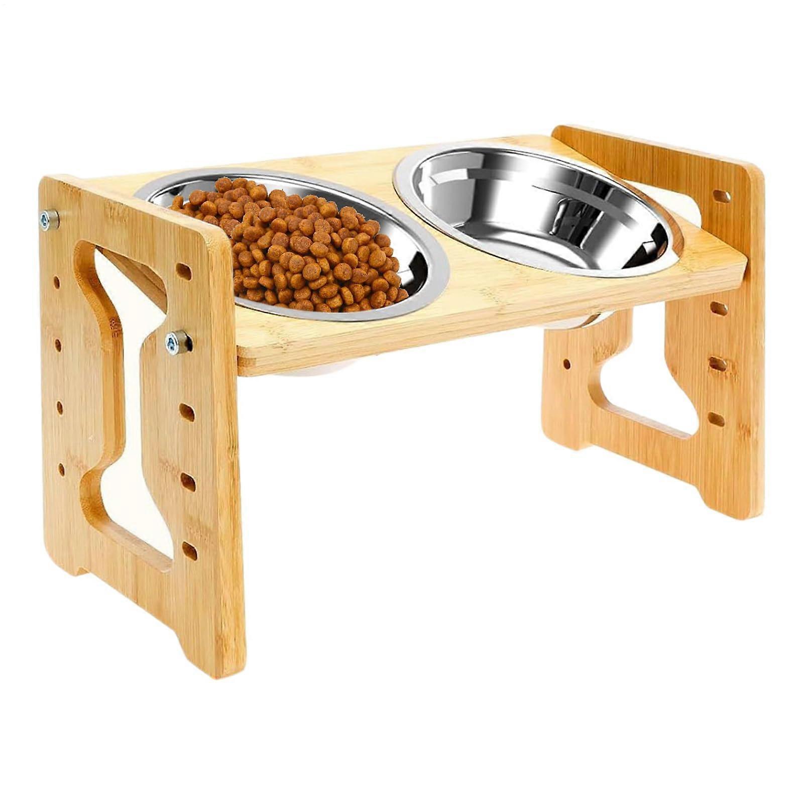 Elevated Dog Bowls | Stainless Steel Double Slow Feeder with Tilted Wood Stand and Non-Slip Base for Puppies