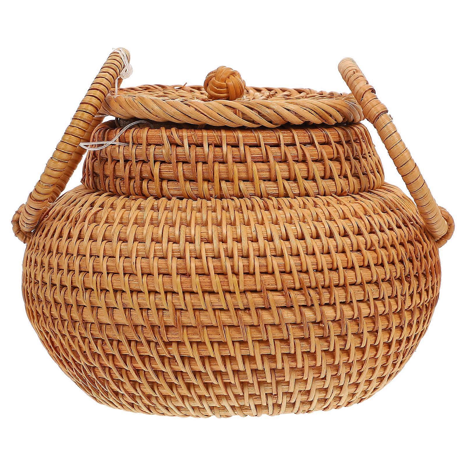 Brown Rattan Woven Storage Basket for Storage Use 1Pcs with Lid