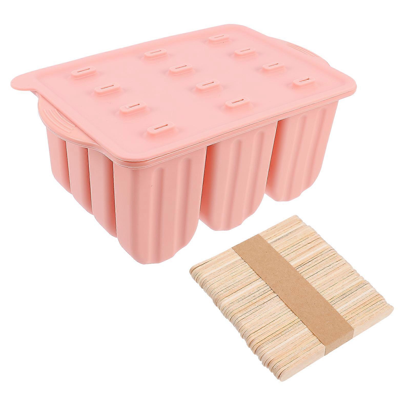 Silicone Popsicles Molds 12 Grids Ice Cream Mold Family Activities Featuring Pink Silicone And Wooden Ice Cream 1 Set