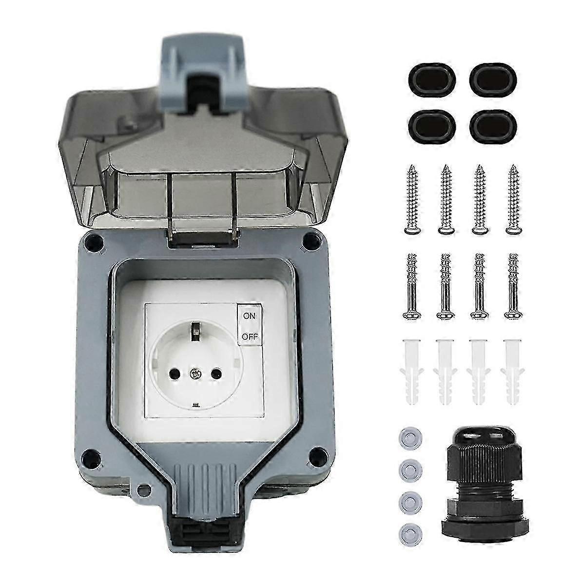 Outdoor Socket Waterproof Socket 1-Way Outdoor Socket IP66 with Switch Indicator Light and Hinged Lid Lockable EU Plug