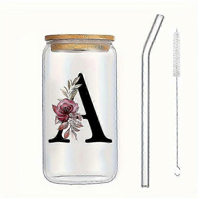 1個、レターフラワーA-Zオフィスと自宅用のコーヒーマグ、竹の蓋とストロー付きの16オンスアルファベットガラスカップ、女性、お母さん、親友のための誕生日プレゼント