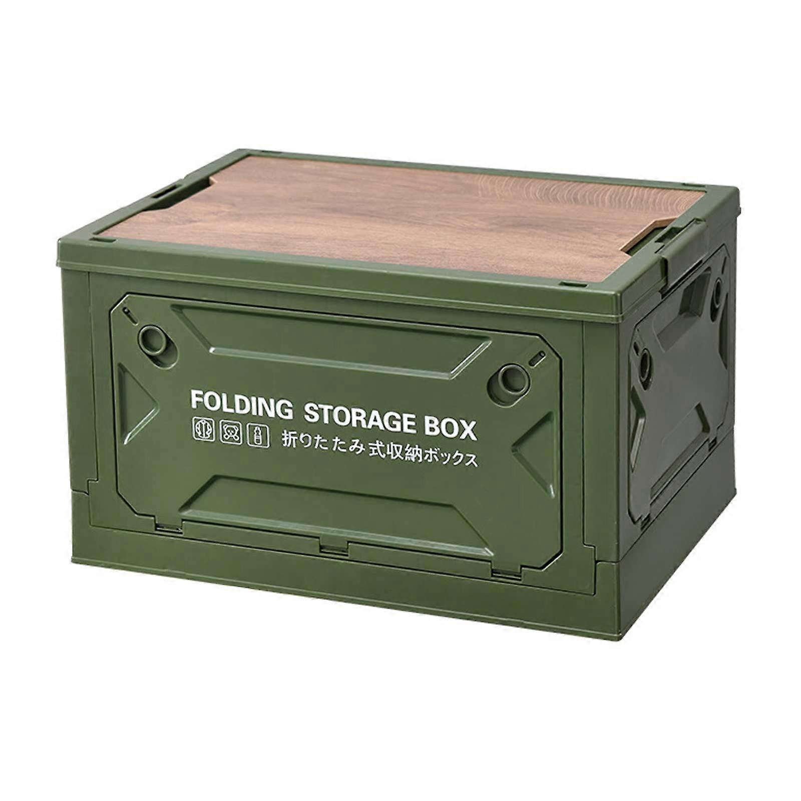Large Plastic Storage Bin Collapsible Outdoor Camping Box With Wood Lid Folding Stackable Trunk Organizer Green