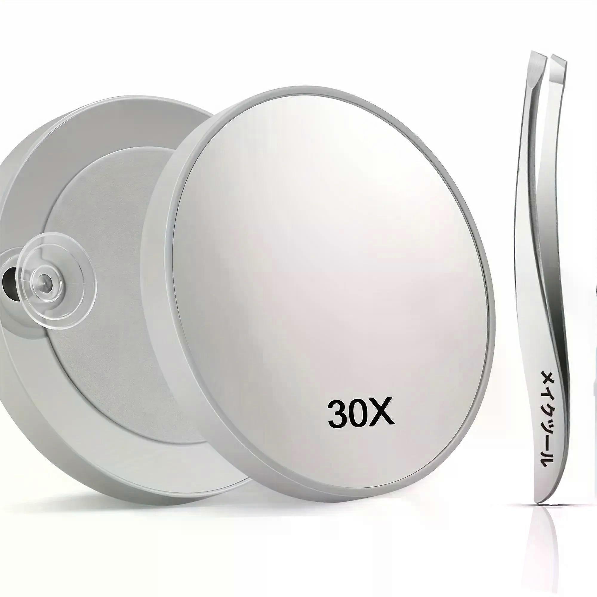 30X Magnifying Mirror and Precision Tweezers Set for Eyelashes Small Magnifying Mirror with Suction Cup and Tweezers Multi-Use