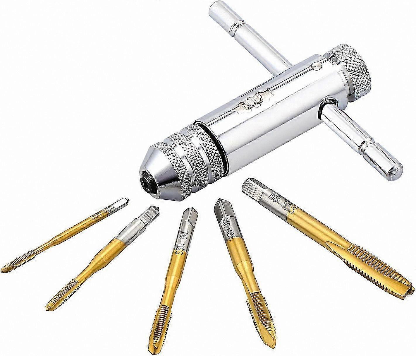 Metric Thread Taps Set with Adjustable T-Handle Wrench, 5pcs HSS M3 M4 M5 M6 M8 Hand Tap Holder Tool