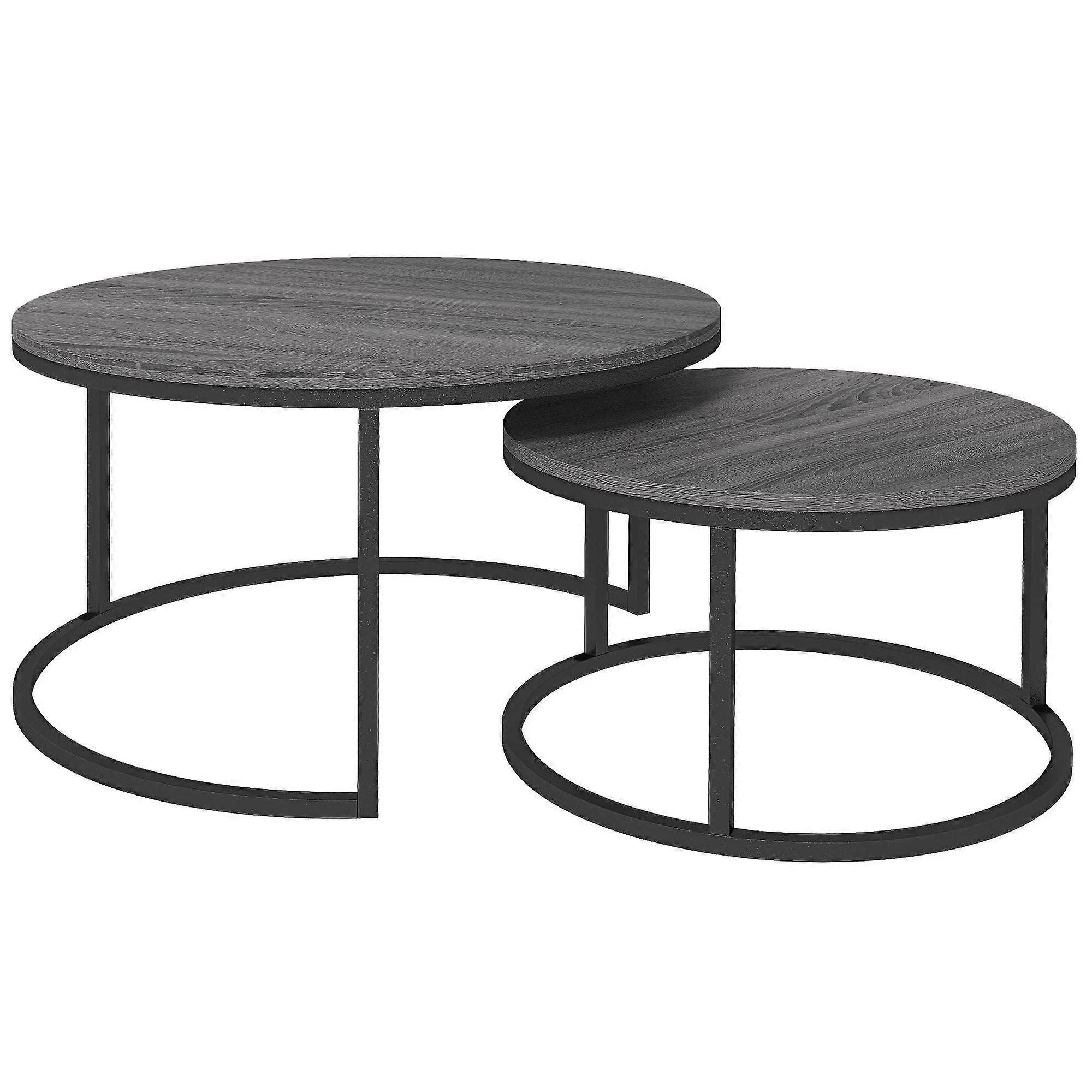 2Pc Round Coffee Table Set Stackable Metal Wood Look Black