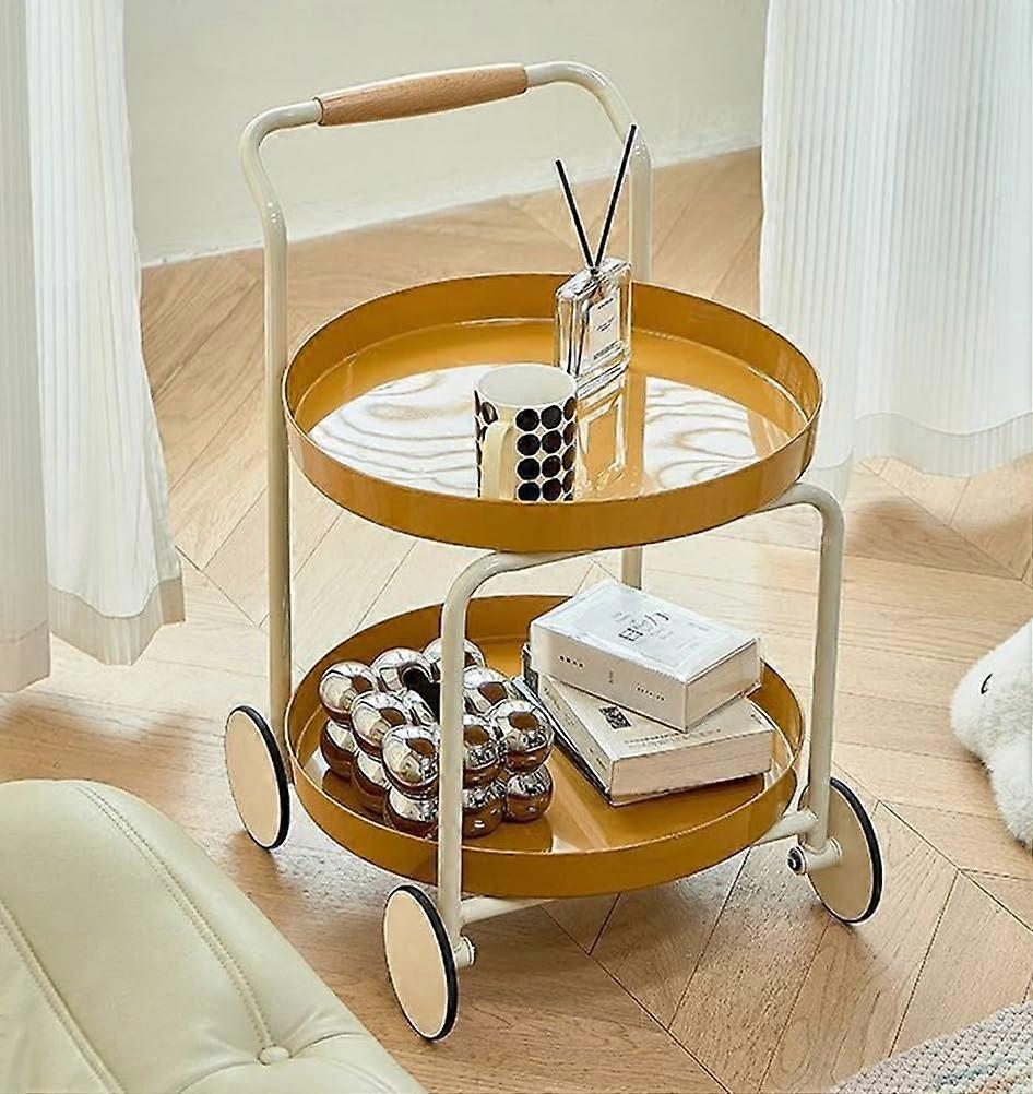 Movable Side Table 2Tier Round Utility Cart, Wheels End Table For Small Spaces, Narrow Corner Nightstand, Living Room