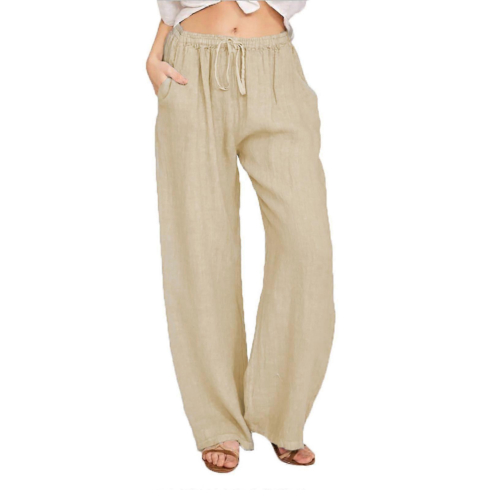 Femmes DécontractéEs En Coton Solide Lin Cordon élastique Taille Longue Jambe Pantalon