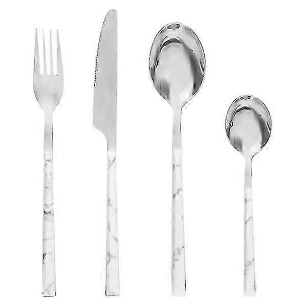 Cutlery Set With White Marble Pattern - 24 Pieces Silver