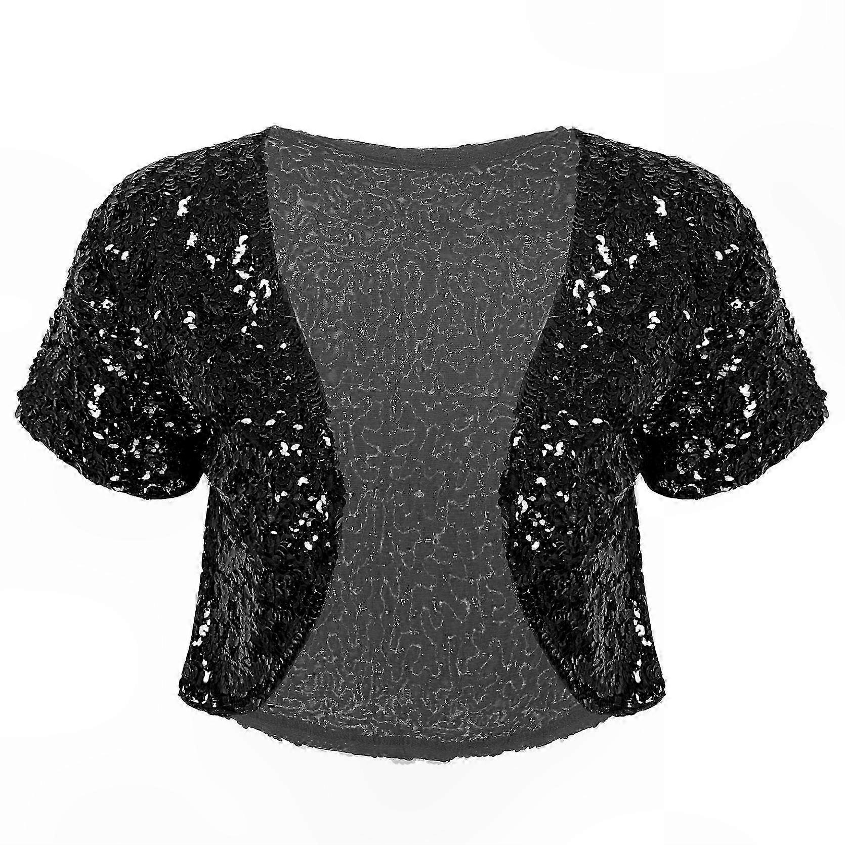Women's Sparkly Sequin Open Front Blazer Crop Jacket Short Sleeve