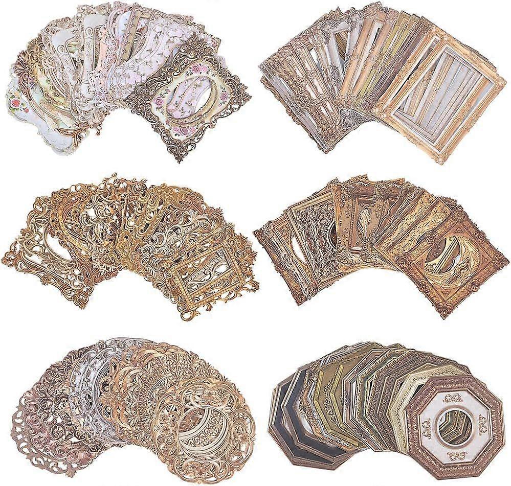 60Pcs 6 Styels Vintage Paper Frame Border Photo Picture Mirror Scrapbook Embellishments Window Cutouts Flower Lace Diary Decorative for Card Making DI