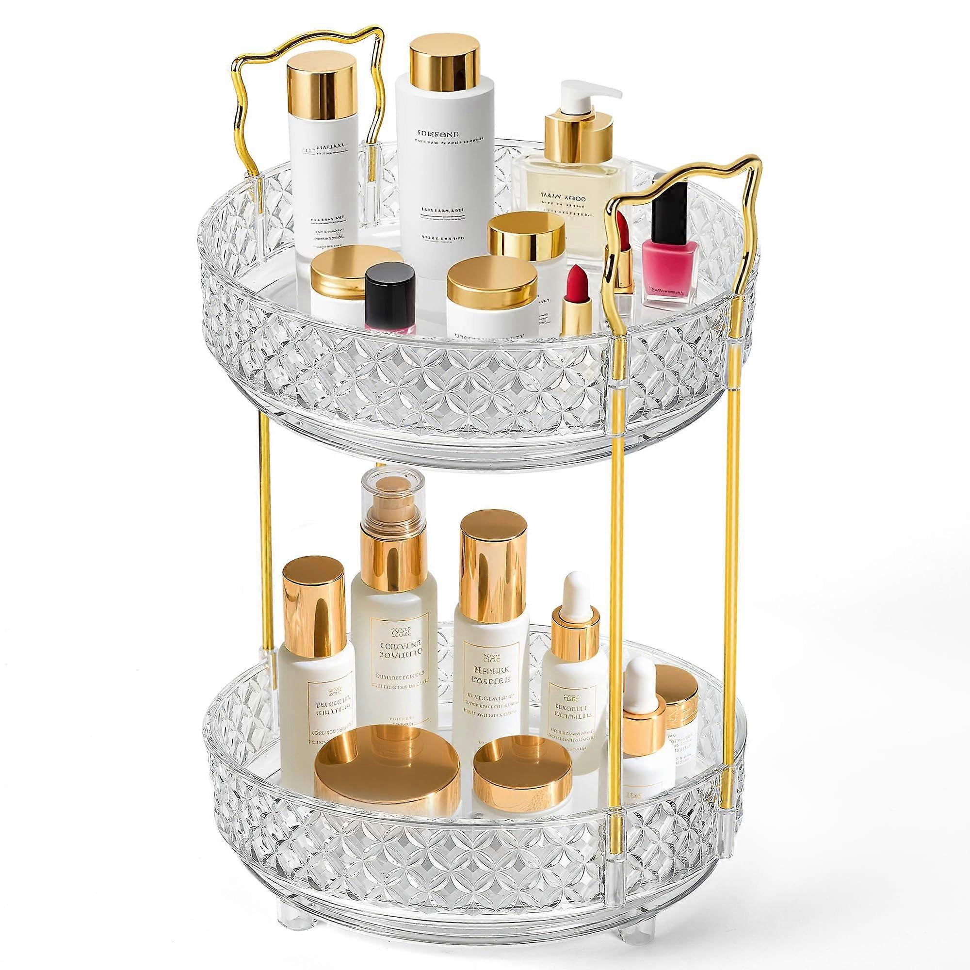 360 Rotating Makeup Organizer with Adjustable 2 Tier Design, Clear Large Capacity Vanity Storage