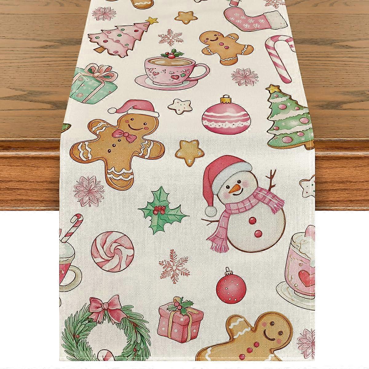Pink Gingerbread Man Christmas Table Runner 13x108 Inch Durable Polyester Festive Winter Decor