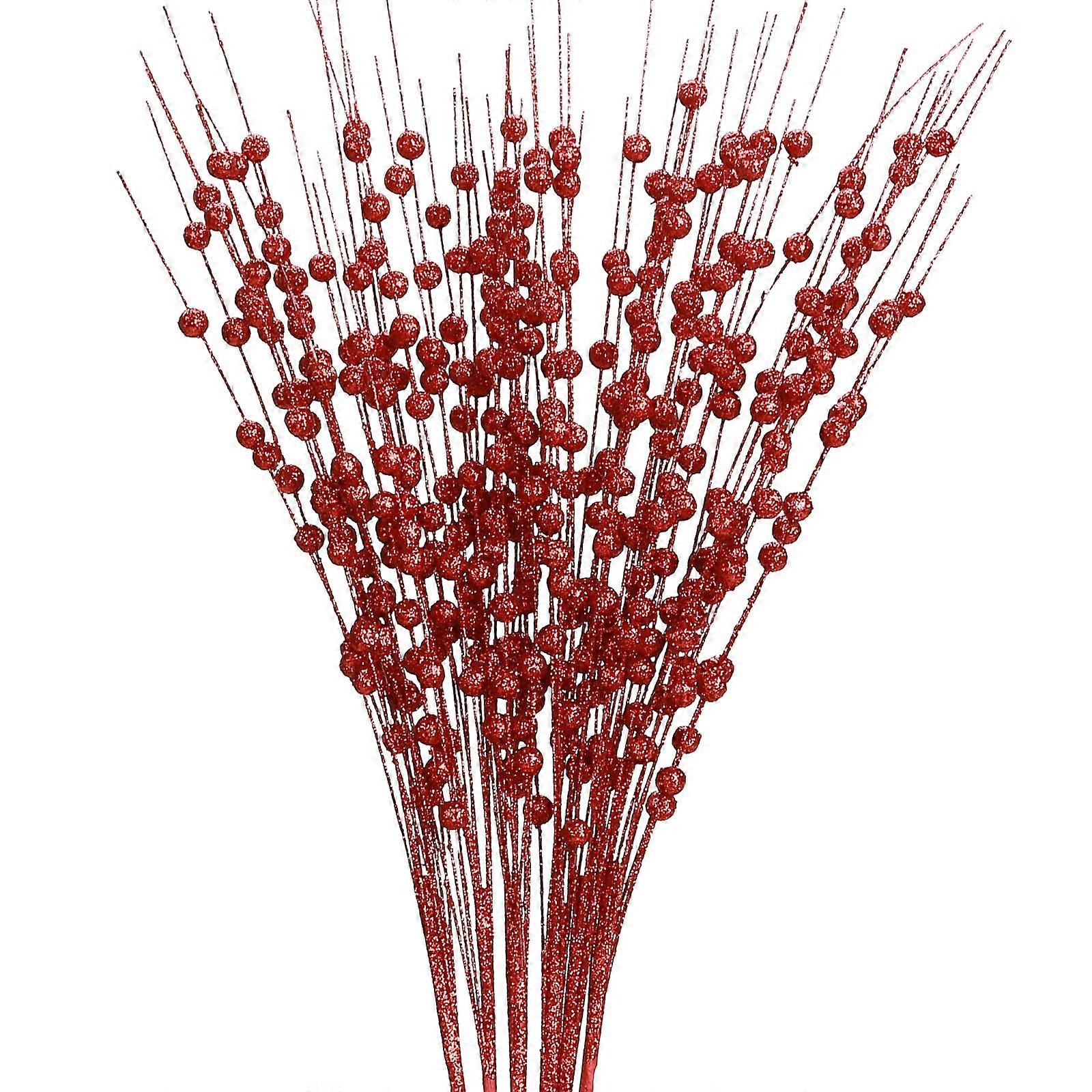 6 Pack Christmas Berry Picks with Glitter Sparkle Finish, 15.7' Artificial Red Stems for Wreaths and Tree Decor