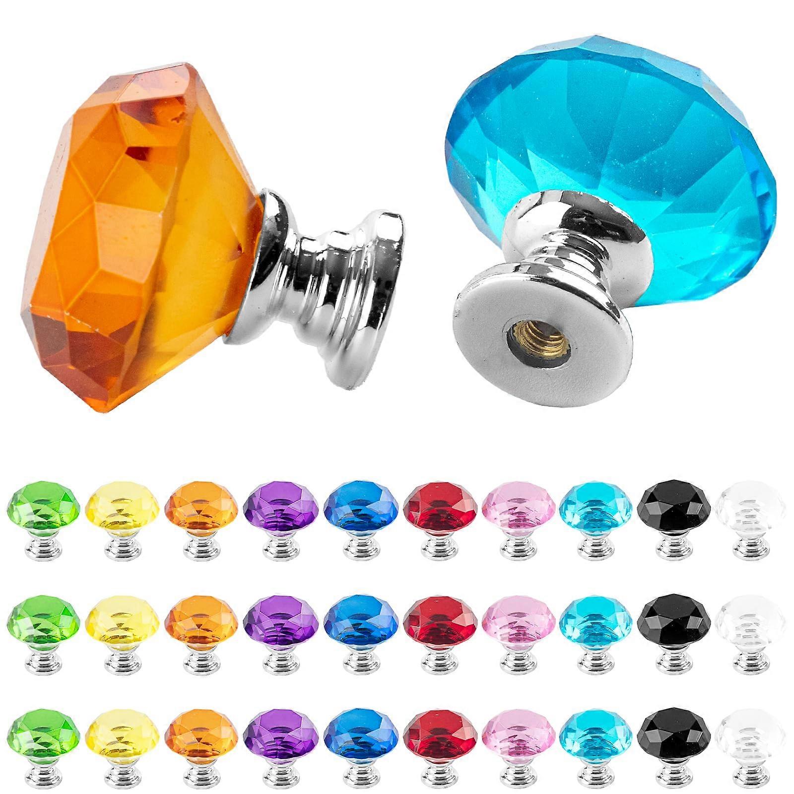 30pcs Colorful Crystal Drawer Knobs 30mm Diamond Glass Cabinet Pulls 10 Vibrant Colors