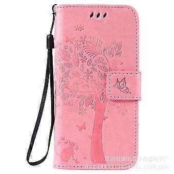 Case For Iphone 13 Mini Pink Embossed Cat And Tree Card Holder Leather No8040