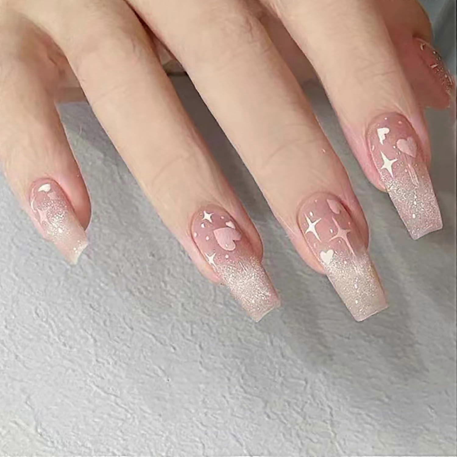 24Pcs Valentines Press On Nails Pink Heart Glitter Square False Nails Medium Length Reusable Tips