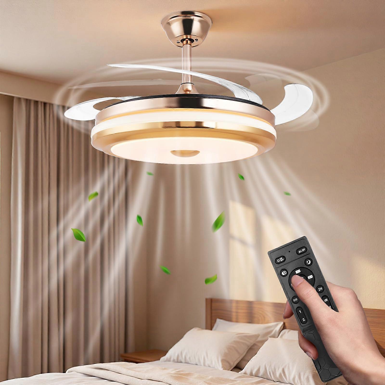 42 Inch Retractable Ceiling Fan with Light, Gold Dimmable LED, Remote Control, Invisible Blades