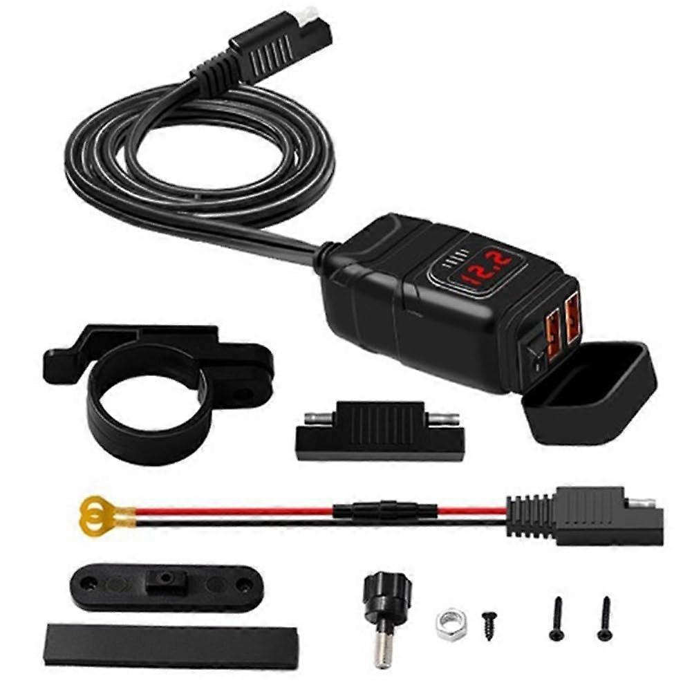 Motorcycle QC3.0 Dual USB Fast Charger with Voltmeter Waterproof 12V Charging Socket