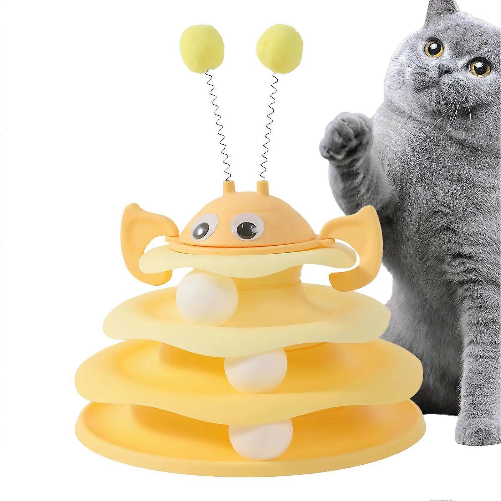 Cat Toy 3Layer Interactive Track with Rotating Bee for Indoor Cats, Durable Easy Clean Yellow