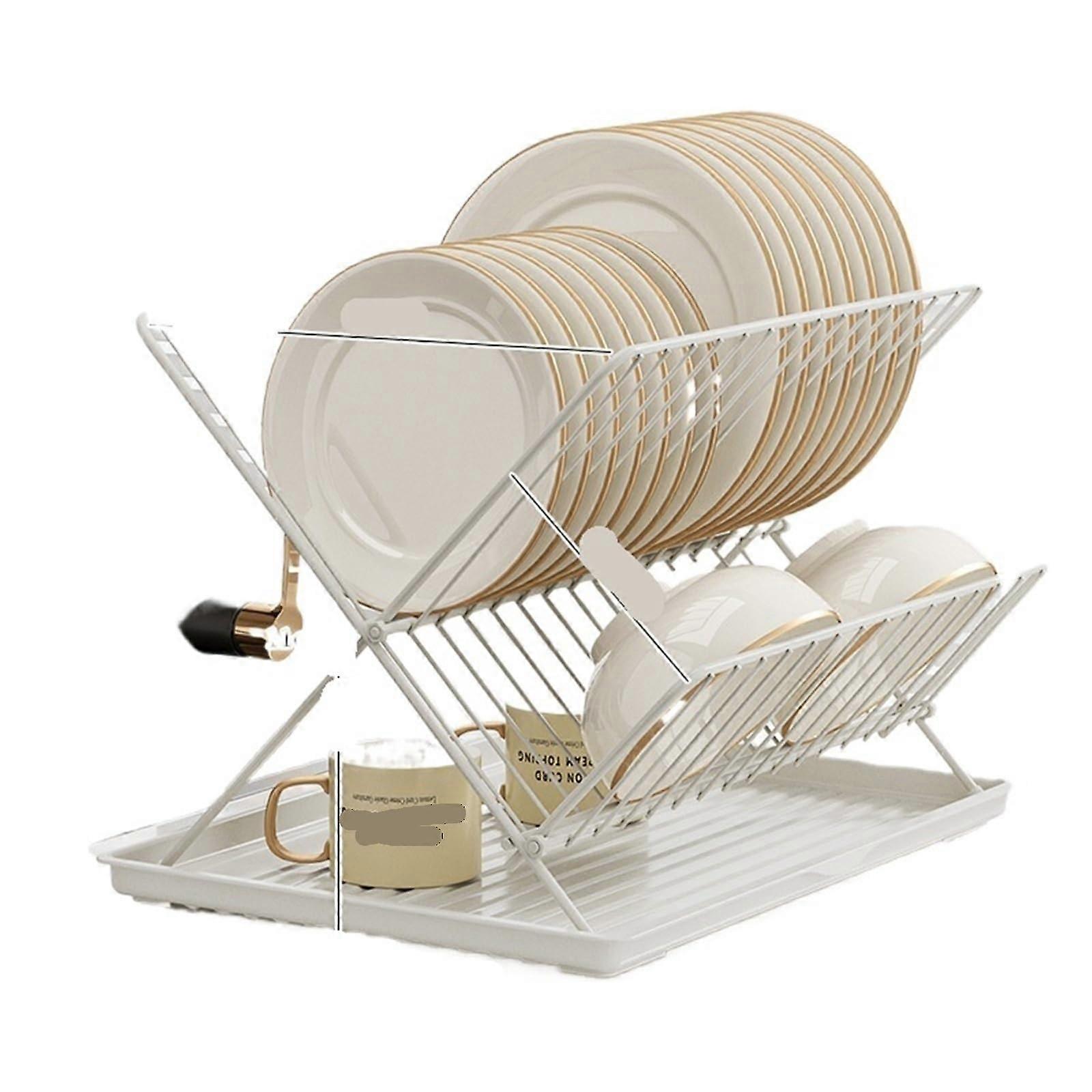 Foldable XShape 2 Tier Dish Drying Rack Carbon Steel Countertop Drainer for Small Kitchen White