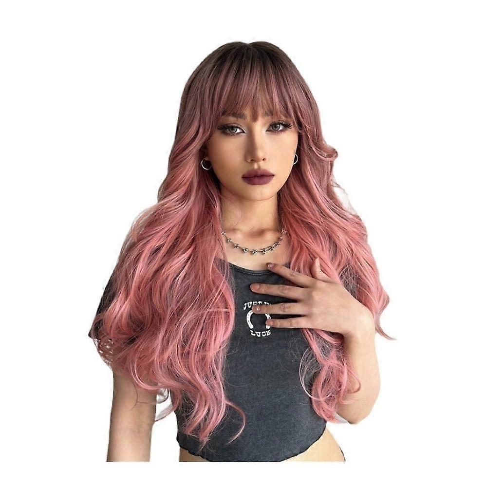 Pink Curly Wig with Dark Roots, Gradient MidLength Voluminous Curls, Lightweight Breathable Cap