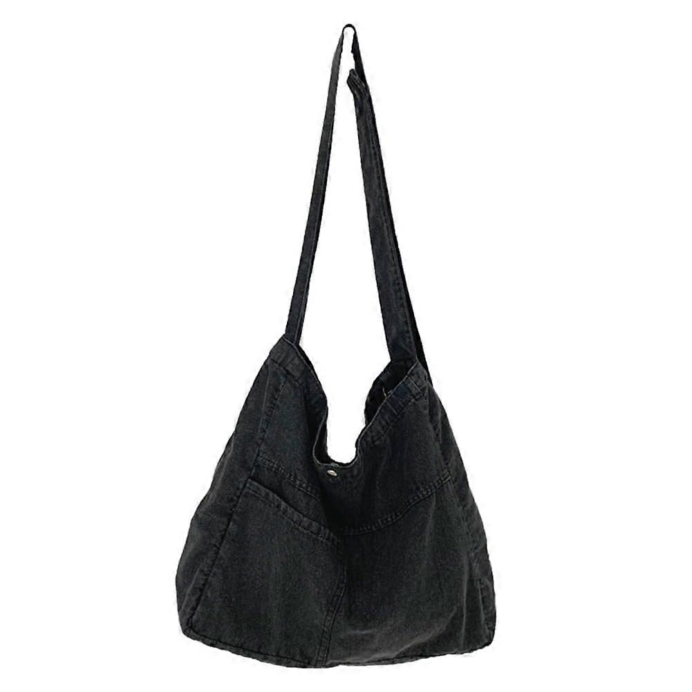 Large Capacity Tote Bag Black Denim Foldable Lightweight Travel Satchel Handbag Unisex