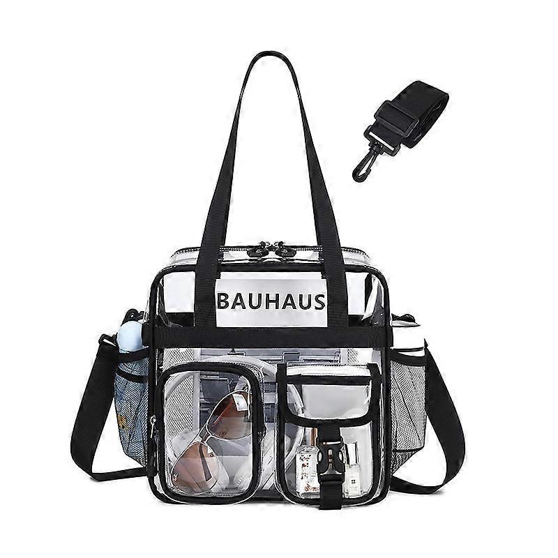 Transparent PVC tote bag, portable, multi-pocket, transparent, with two external front pockets.