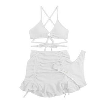 3Pcs/Set Women Swimsuit Solid Color Wave Texture Sexy Split Bikini with Drawstring Ruffle Trim Skirt Lace-up Beachwear