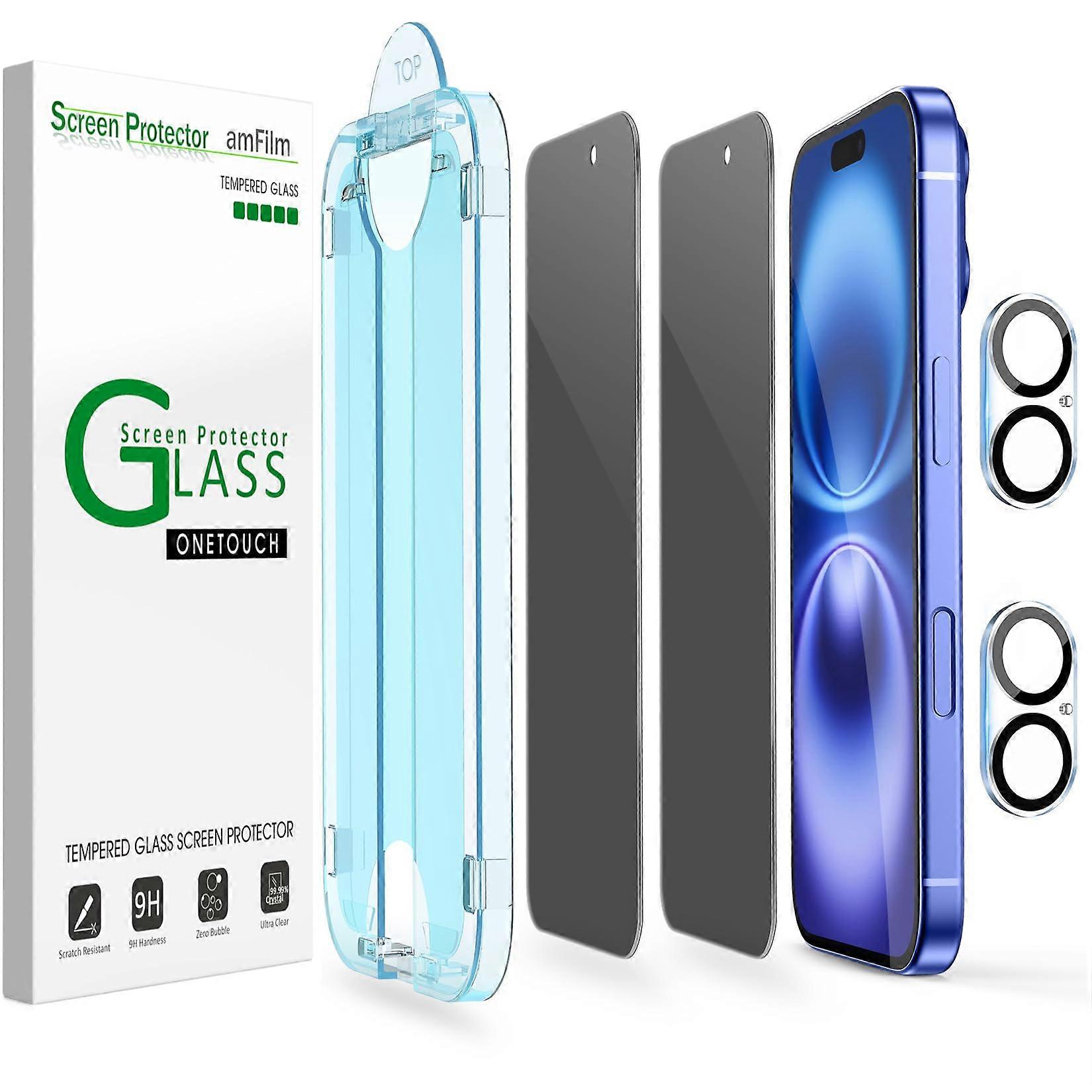 Privacy Tempered Glass Screen Protector AntiScratch Bubble  Case Friendly 2 Pack for iPhone 16 Plus