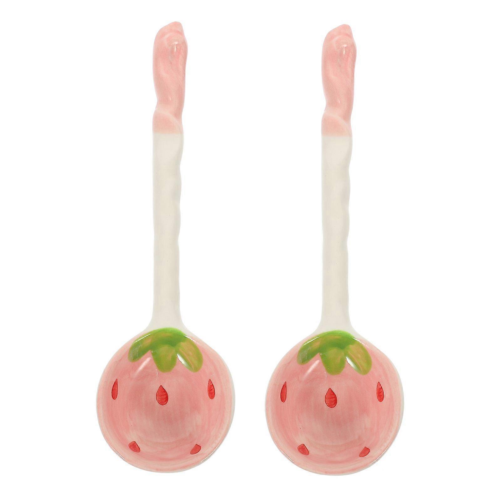 2Pcs Household Ceramic Spoons Fruit Pattern Ceramic Spoons Long Handle Spoons Kitchen Spoons