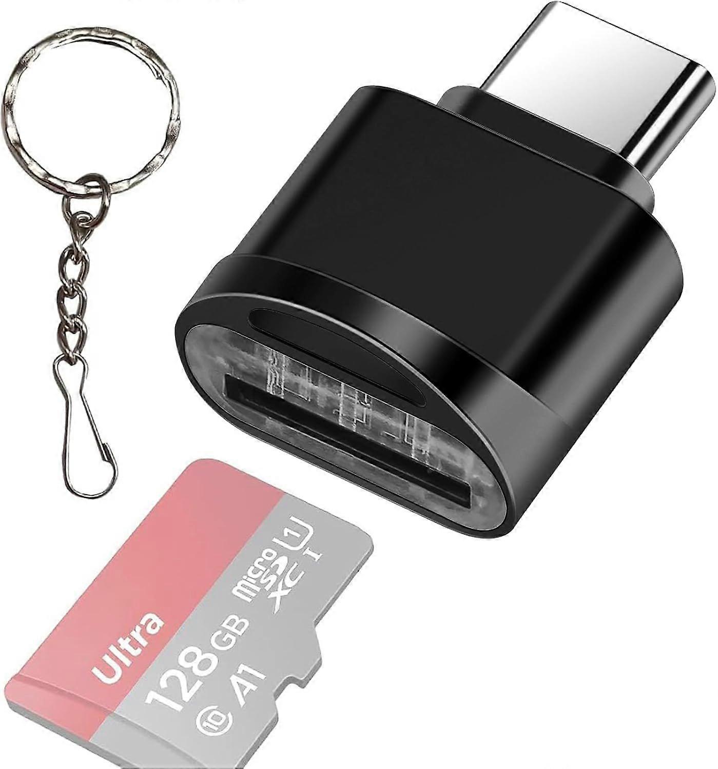 Micro SD/TF Card Reader with Keychain, USB C to Micro SD SDHC SDXC OTG Memory Card Reader, Type C Reader Adapter Black