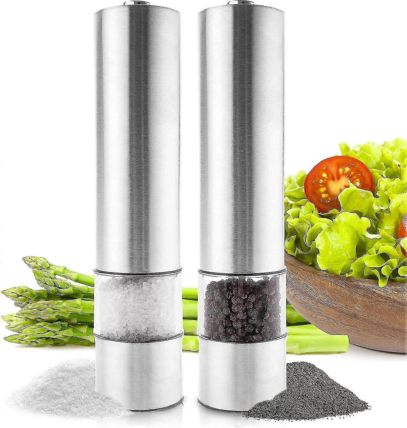 Electric Salt and Pepper Grinder Set, 2-Piece Silver, Adjustable Coarseness, Easy Fill and Clean, Mess-Free Base, Perfect for Spices, Herbs, Chili