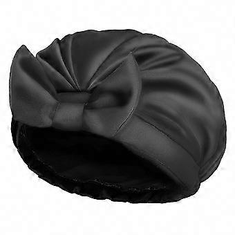 Reusable Double-Layer Silky Satin Shower Cap, Extra Large Bowknot Hair Cover for Women (Black)