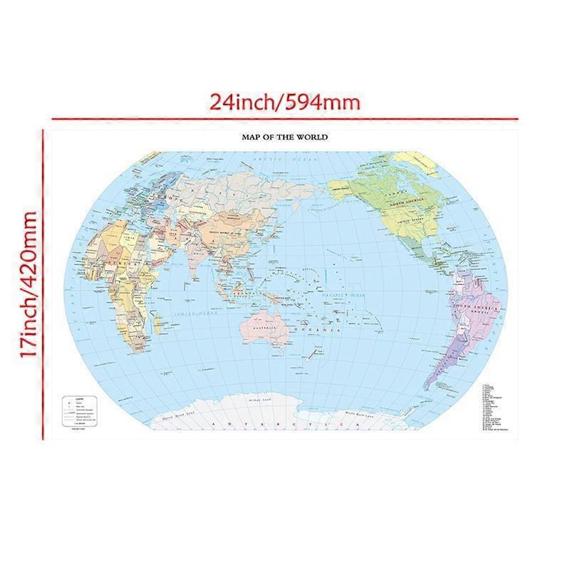 World Map Poster Large Pacific Centered Wall Art Decor for Classroom Office School Study Geopolitical Reference Map