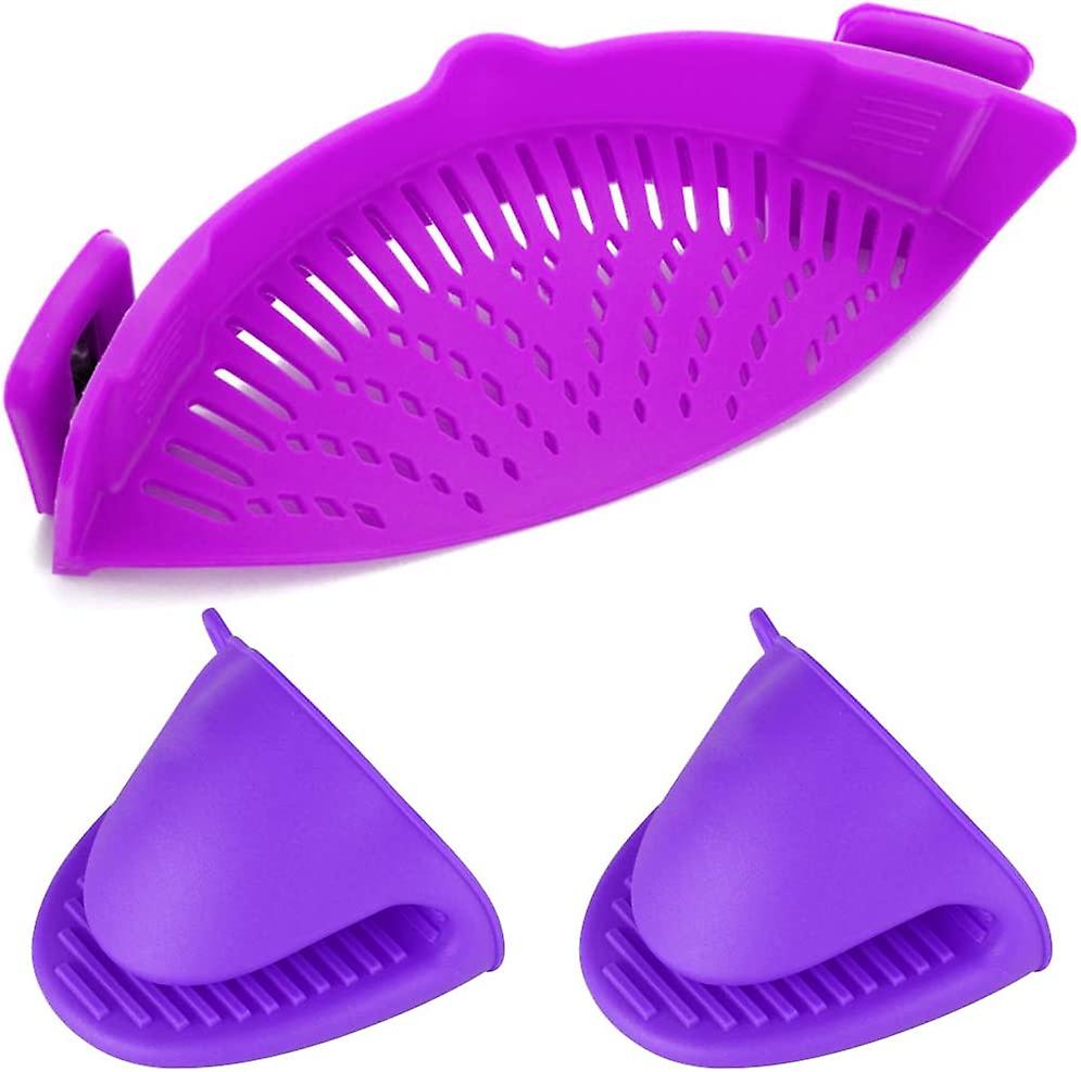 Silicone Clip-on Strainer Colander,Hands-Free Heat Resistant Drainer Filter for colander and sieve snaps on bowls,pots and pans,with 2 Silicone Gloves