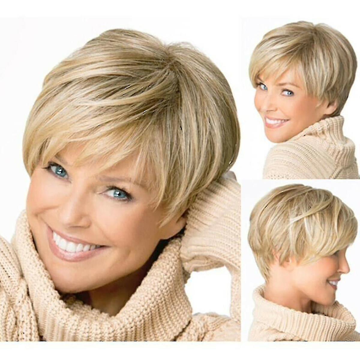 Mujeres Corto Pixie Recta Moda Rubia Pelucas de pelo en capas